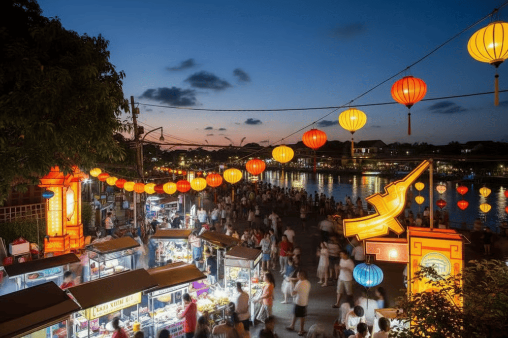 The vibrant energy of Hoi An Night Market, where lantern lights, street food, and bustling crowds create a lively atmosphere